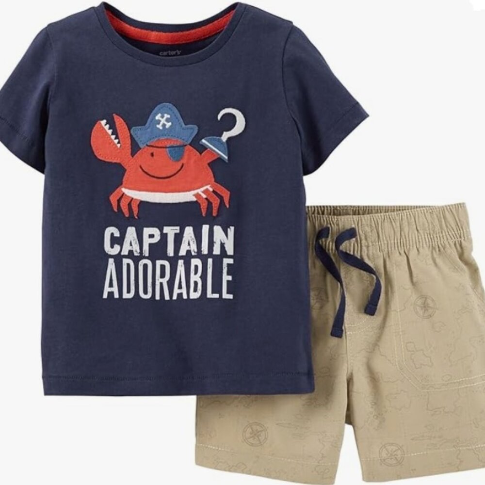 Boys Short Set Outfit 2 pc Set Baby Shirt Captain Adorable Tee